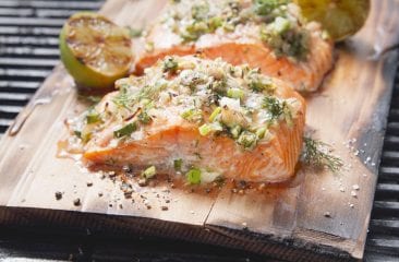 Grilled salmon on cedar wood