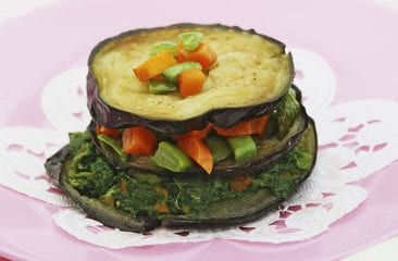 Aubergine towers with spinach Aubergine towers with spinach