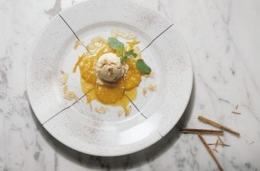 Almond brittle ice cream with caramelised oranges