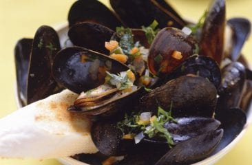 Mussels with carrot and leek in white wine sauce