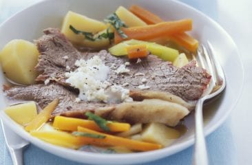 Boiled beef with vegetables, potatoes and horseradish sauce Boiled beef with vegetables, potatoes and horseradish sauce
