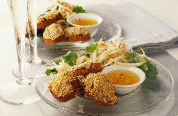 Small prawn toasts with sesame and soy sprout salad