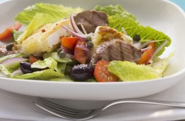 Salad with fried lamb and feta in bread crust Salad with fried lamb and feta in bread crust