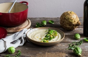 Celeriac cream soup with Brussels sprouts