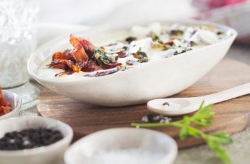 Almond soup with chorizo and fish Almond soup with chorizo and fish