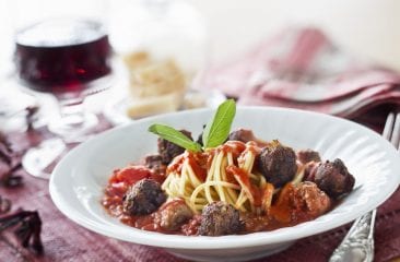 Spaghetti with meatballs, tomato sauce and Parmesan