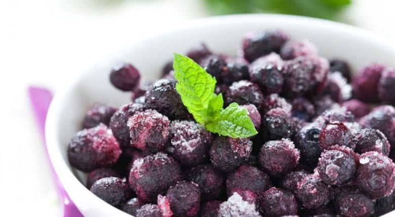 A bowl of frozen blueberries