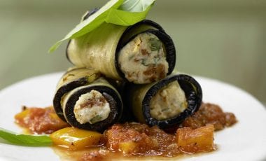 Aubergine goat’s cheese rolls