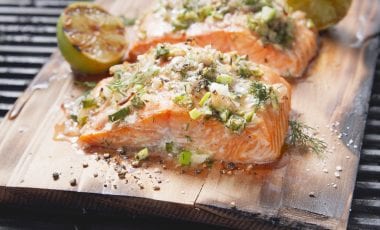 Grilled salmon on cedar wood