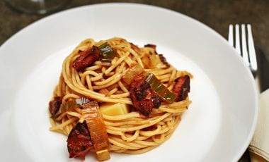 Pasta with salami and smoked cheese Pasta with salami and smoked cheese