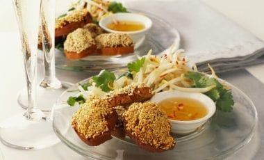 Small prawn toasts with sesame and soy sprout salad