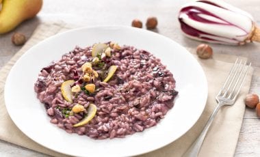 Radicchio and pear risotto, with roasted hazelnuts