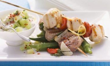 Meat skewers with tzatziki