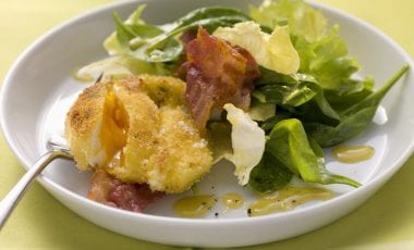 Baked poached egg with lettuce and bacon
