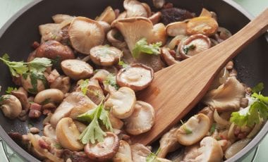 Mushroom pan with three mushroom variations and bacon
