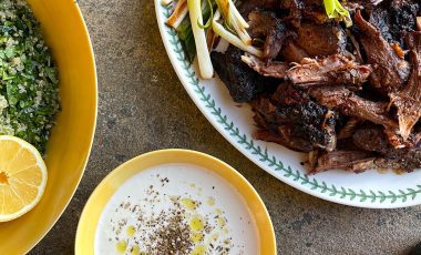 Slow-roasted blade of mutton, with ras-el-hanout, honey & garlic served with Cataratto orange wine