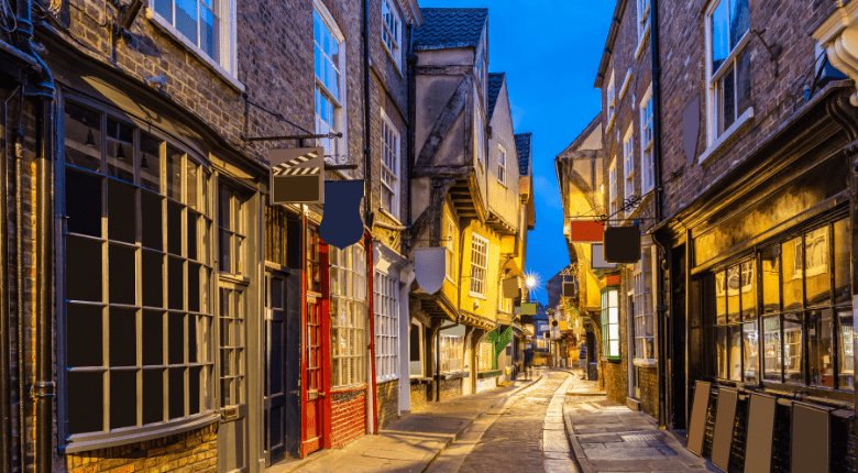 An image of the Shambles in York in the early evening. 