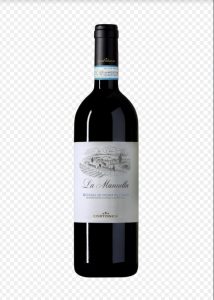 A black bottle of Cortonesi La Manella Rosso di Montalcino with a large white label on a checkered background 