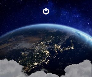 View of the planet in space with a power on button to symbolise the need to switch onto our planet