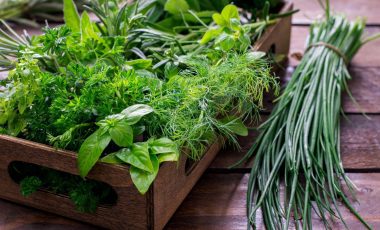 fresh herbs in a wood box
