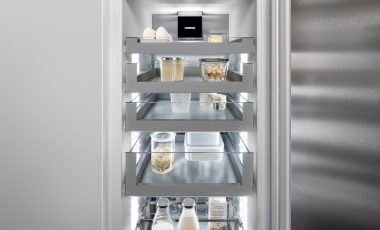 Liebherr integrated openstage appliance. Silver appliance with all drawers and no shelves