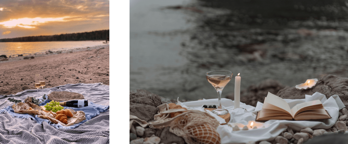beach wine with books and candles with fruits and croissants