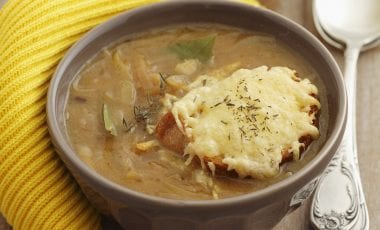 Onion soup with cheesy sliced bread Onion soup with cheesy sliced bread