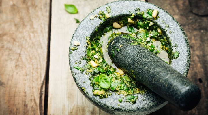 Making Fresh Pesto in Mortar and Pestle