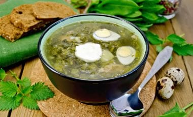 Leichte grüne Suppe (Borschtsch) mit Sauerampfer
