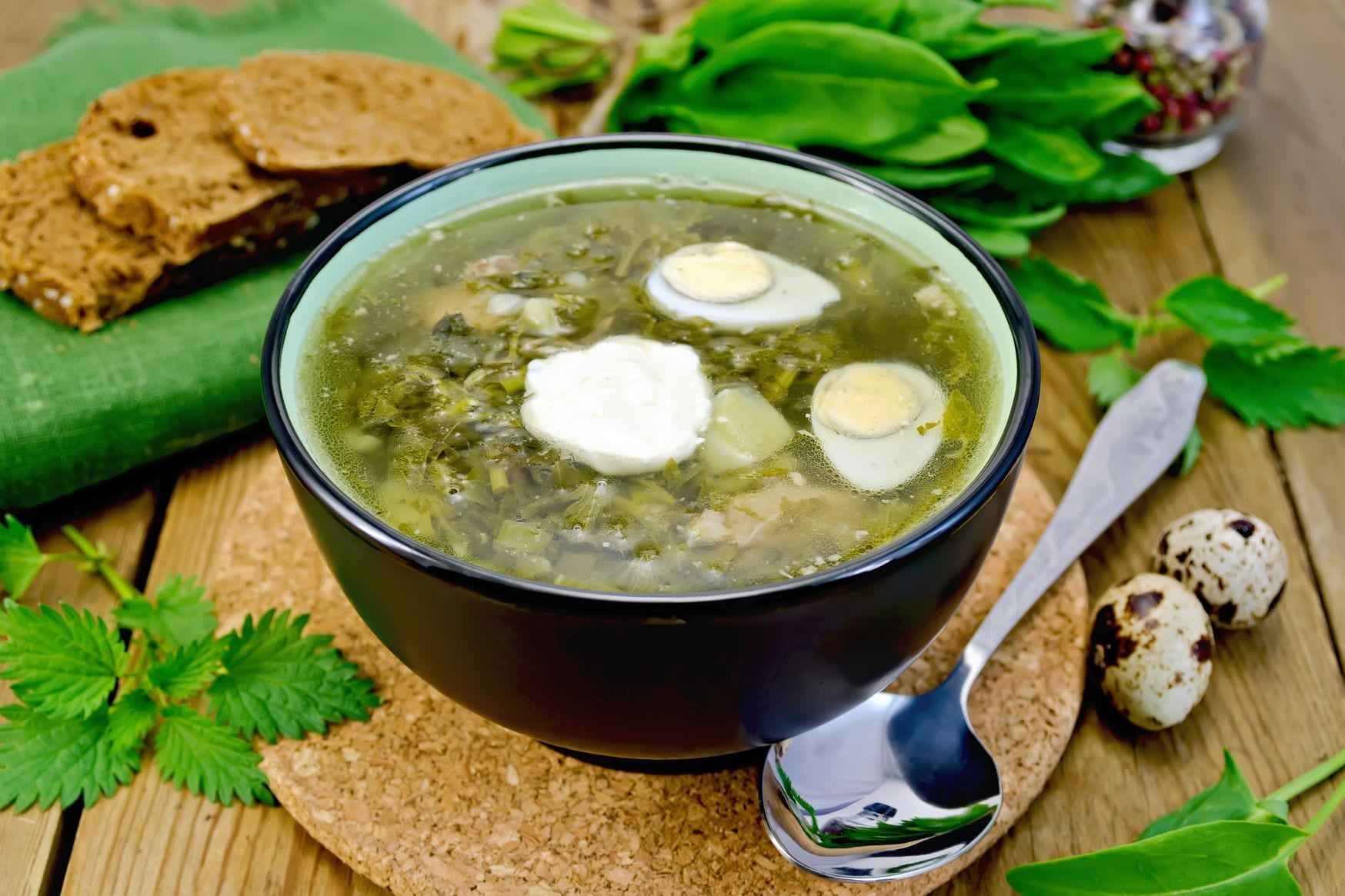 Leichte grüne Suppe (Borschtsch) mit Sauerampfer