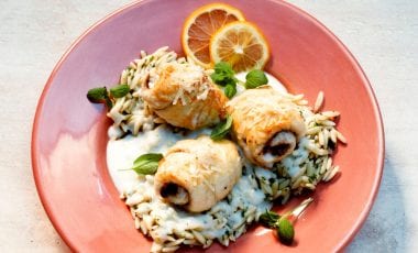 Schollenfiletröllchen mit Tapenade und Risoni Schollenfiletröllchen mit Tapenade und Risoni