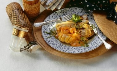 Seelachs mit Pilzen und Garnelen