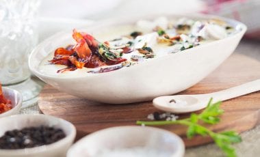 Ajoblanco mit Chorizo und Fisch Ajoblanco mit Chorizo und Fisch