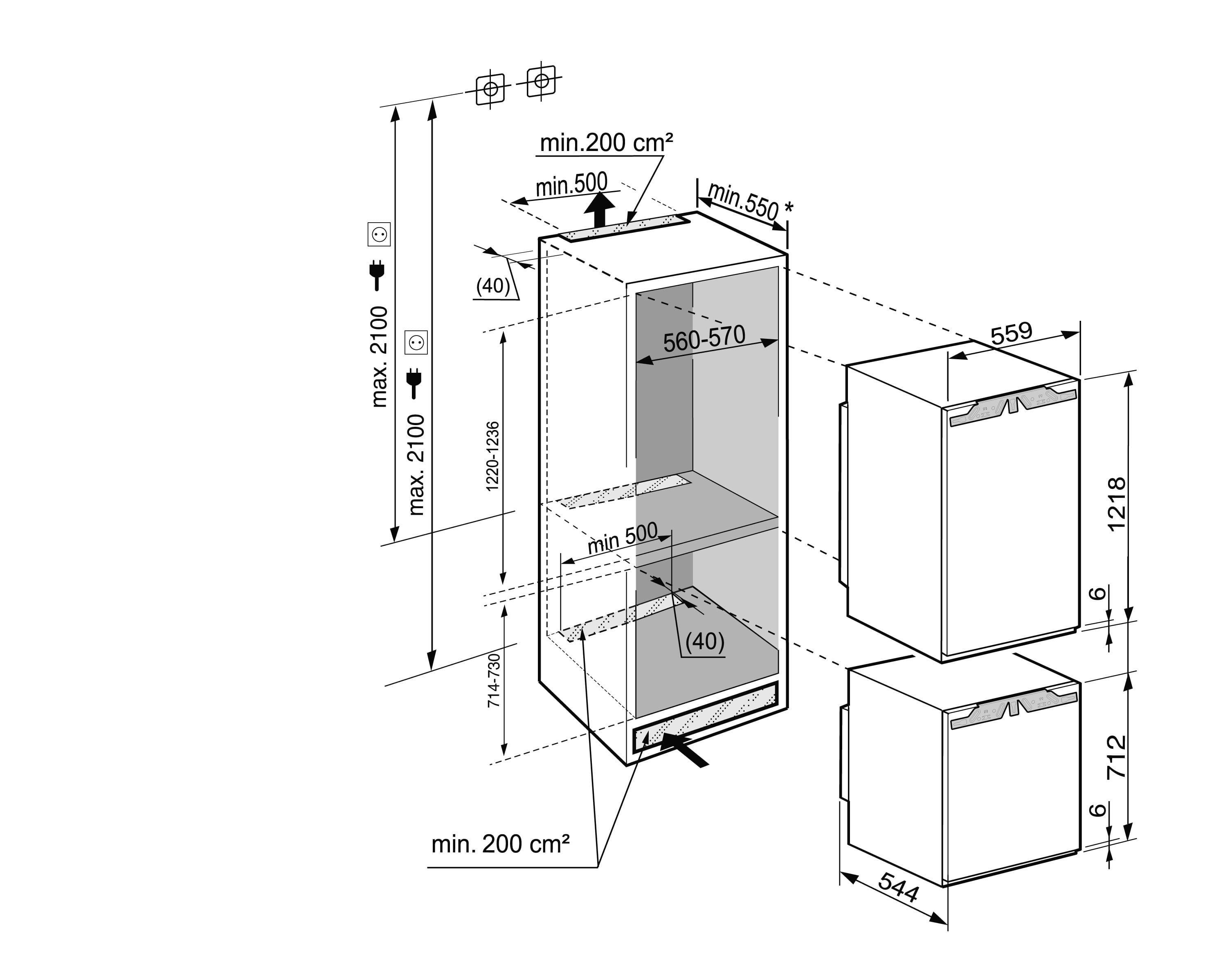 Схема встраивания высокого холодильника LIEBHERR SBS 33i2